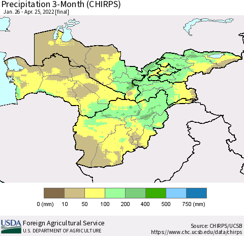 Central Asia Precipitation 3-Month (CHIRPS) Thematic Map For 1/26/2022 - 4/25/2022