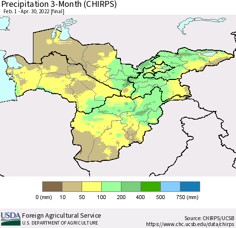 Central Asia Precipitation 3-Month (CHIRPS) Thematic Map For 2/1/2022 - 4/30/2022