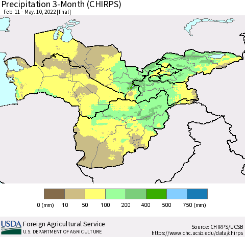 Central Asia Precipitation 3-Month (CHIRPS) Thematic Map For 2/11/2022 - 5/10/2022
