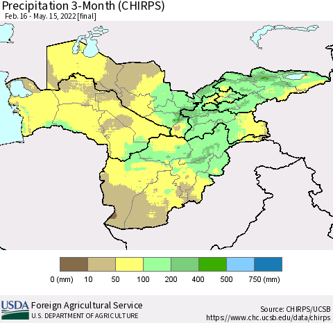 Central Asia Precipitation 3-Month (CHIRPS) Thematic Map For 2/16/2022 - 5/15/2022