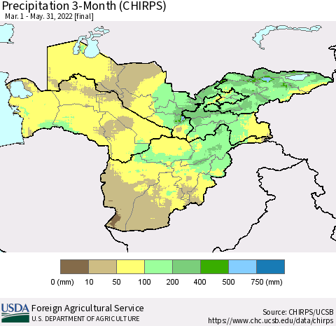 Central Asia Precipitation 3-Month (CHIRPS) Thematic Map For 3/1/2022 - 5/31/2022