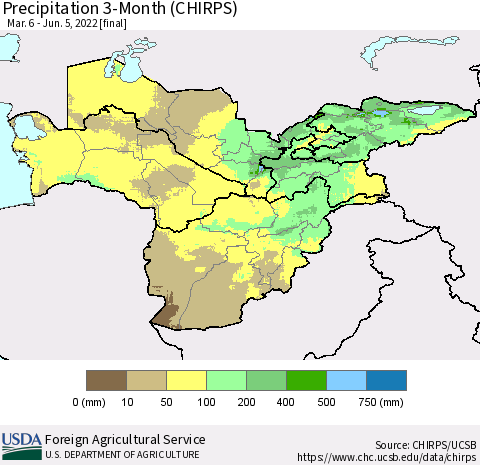 Central Asia Precipitation 3-Month (CHIRPS) Thematic Map For 3/6/2022 - 6/5/2022