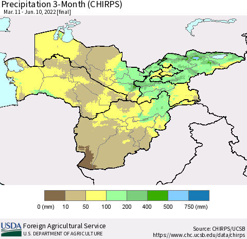 Central Asia Precipitation 3-Month (CHIRPS) Thematic Map For 3/11/2022 - 6/10/2022