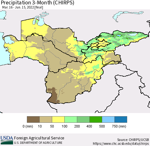 Central Asia Precipitation 3-Month (CHIRPS) Thematic Map For 3/16/2022 - 6/15/2022