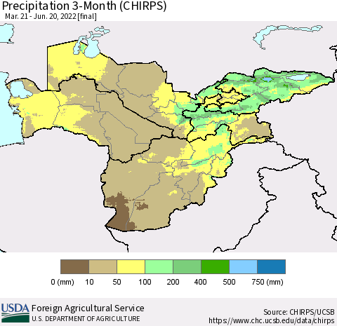 Central Asia Precipitation 3-Month (CHIRPS) Thematic Map For 3/21/2022 - 6/20/2022