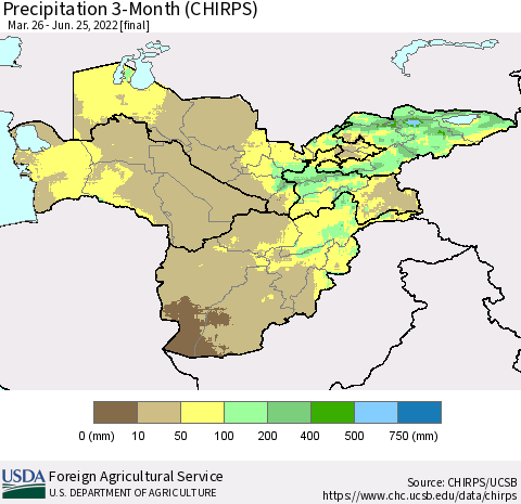 Central Asia Precipitation 3-Month (CHIRPS) Thematic Map For 3/26/2022 - 6/25/2022