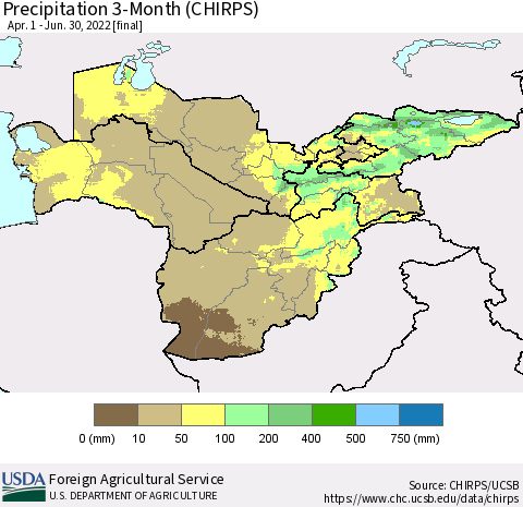 Central Asia Precipitation 3-Month (CHIRPS) Thematic Map For 4/1/2022 - 6/30/2022