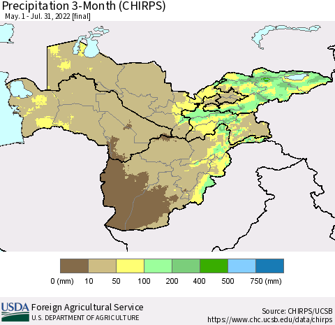 Central Asia Precipitation 3-Month (CHIRPS) Thematic Map For 5/1/2022 - 7/31/2022