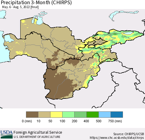 Central Asia Precipitation 3-Month (CHIRPS) Thematic Map For 5/6/2022 - 8/5/2022