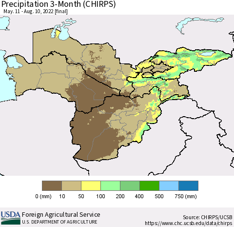 Central Asia Precipitation 3-Month (CHIRPS) Thematic Map For 5/11/2022 - 8/10/2022