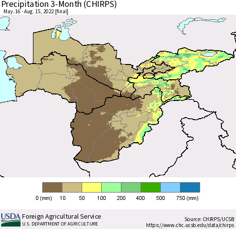 Central Asia Precipitation 3-Month (CHIRPS) Thematic Map For 5/16/2022 - 8/15/2022