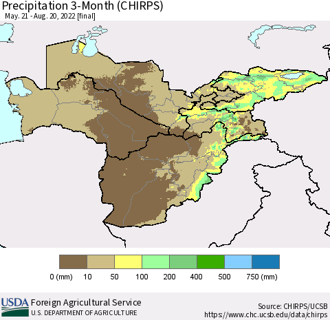 Central Asia Precipitation 3-Month (CHIRPS) Thematic Map For 5/21/2022 - 8/20/2022