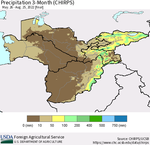 Central Asia Precipitation 3-Month (CHIRPS) Thematic Map For 5/26/2022 - 8/25/2022