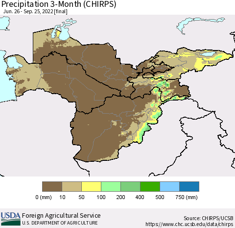 Central Asia Precipitation 3-Month (CHIRPS) Thematic Map For 6/26/2022 - 9/25/2022