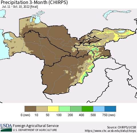Central Asia Precipitation 3-Month (CHIRPS) Thematic Map For 7/11/2022 - 10/10/2022