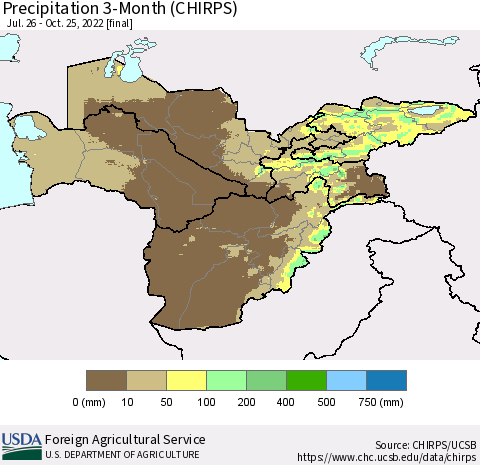 Central Asia Precipitation 3-Month (CHIRPS) Thematic Map For 7/26/2022 - 10/25/2022