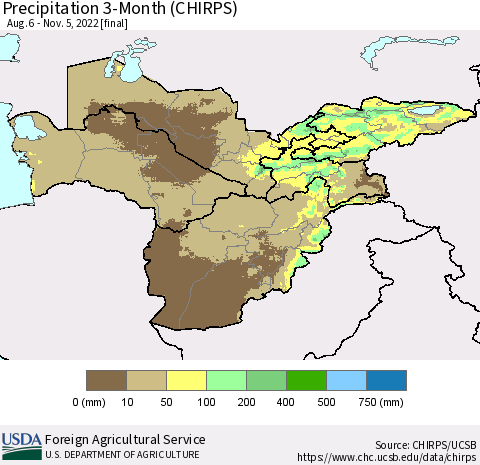Central Asia Precipitation 3-Month (CHIRPS) Thematic Map For 8/6/2022 - 11/5/2022