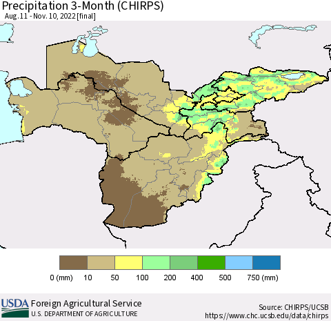 Central Asia Precipitation 3-Month (CHIRPS) Thematic Map For 8/11/2022 - 11/10/2022