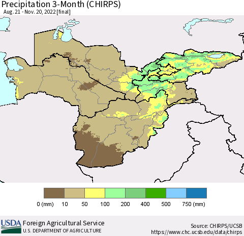 Central Asia Precipitation 3-Month (CHIRPS) Thematic Map For 8/21/2022 - 11/20/2022