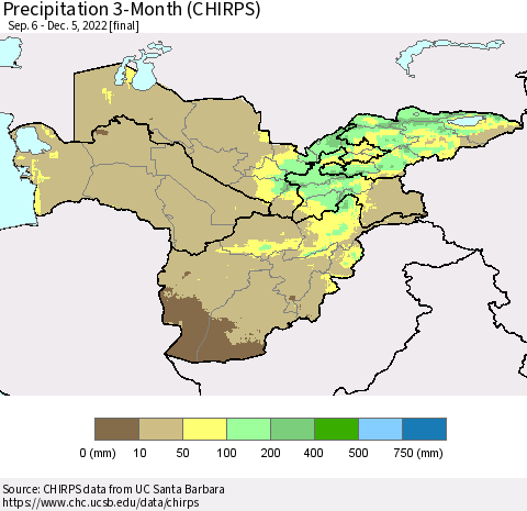 Central Asia Precipitation 3-Month (CHIRPS) Thematic Map For 9/6/2022 - 12/5/2022