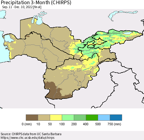 Central Asia Precipitation 3-Month (CHIRPS) Thematic Map For 9/11/2022 - 12/10/2022