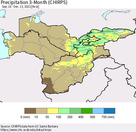 Central Asia Precipitation 3-Month (CHIRPS) Thematic Map For 9/16/2022 - 12/15/2022