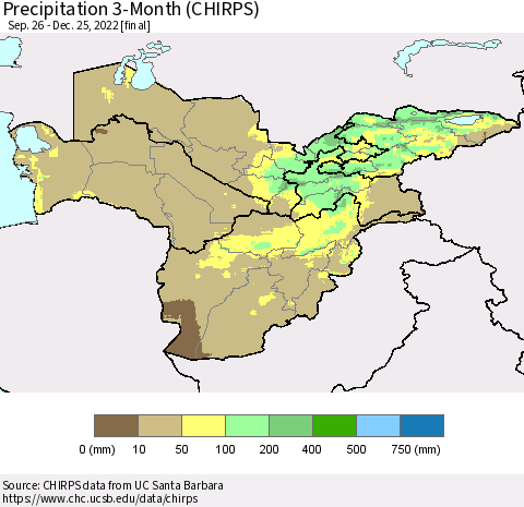 Central Asia Precipitation 3-Month (CHIRPS) Thematic Map For 9/26/2022 - 12/25/2022