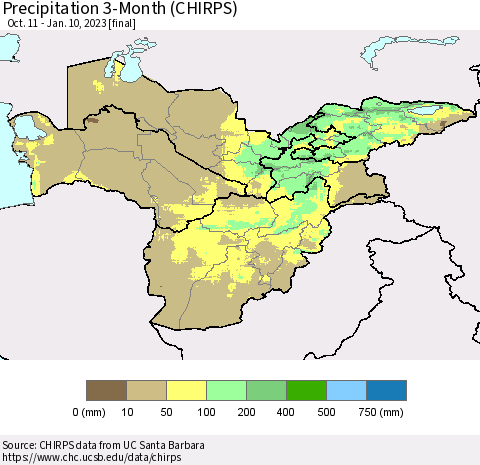 Central Asia Precipitation 3-Month (CHIRPS) Thematic Map For 10/11/2022 - 1/10/2023
