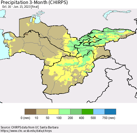 Central Asia Precipitation 3-Month (CHIRPS) Thematic Map For 10/16/2022 - 1/15/2023