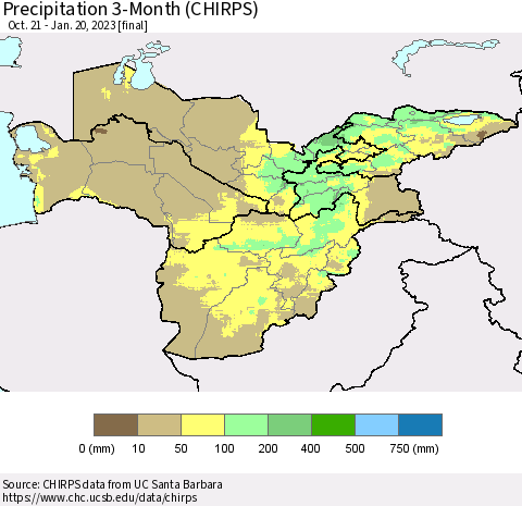 Central Asia Precipitation 3-Month (CHIRPS) Thematic Map For 10/21/2022 - 1/20/2023