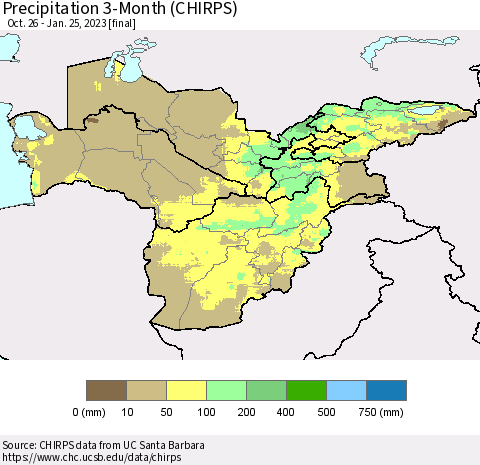 Central Asia Precipitation 3-Month (CHIRPS) Thematic Map For 10/26/2022 - 1/25/2023