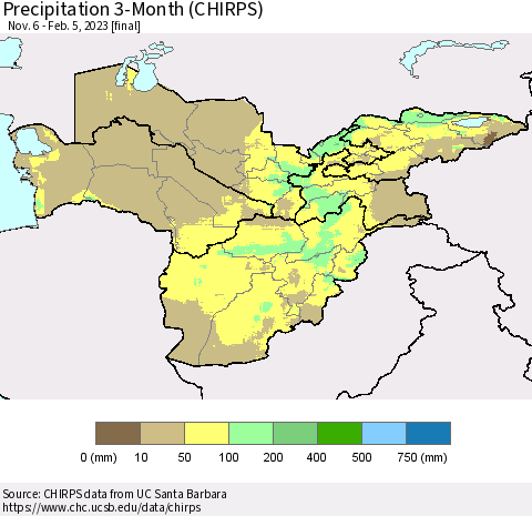 Central Asia Precipitation 3-Month (CHIRPS) Thematic Map For 11/6/2022 - 2/5/2023