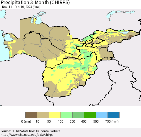 Central Asia Precipitation 3-Month (CHIRPS) Thematic Map For 11/11/2022 - 2/10/2023