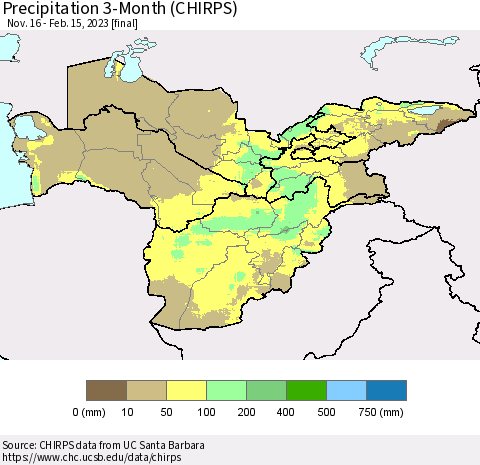 Central Asia Precipitation 3-Month (CHIRPS) Thematic Map For 11/16/2022 - 2/15/2023