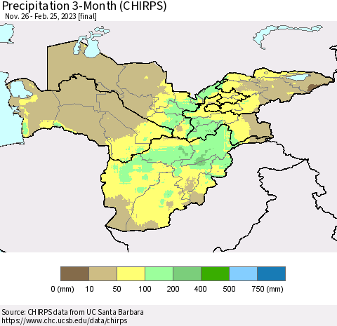 Central Asia Precipitation 3-Month (CHIRPS) Thematic Map For 11/26/2022 - 2/25/2023