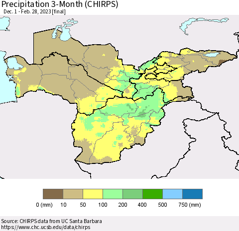 Central Asia Precipitation 3-Month (CHIRPS) Thematic Map For 12/1/2022 - 2/28/2023