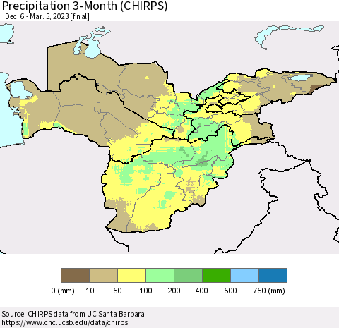 Central Asia Precipitation 3-Month (CHIRPS) Thematic Map For 12/6/2022 - 3/5/2023
