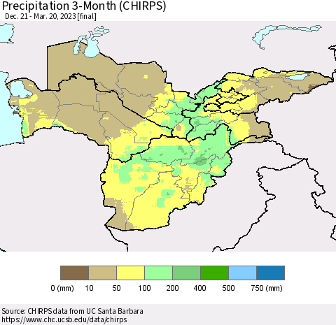 Central Asia Precipitation 3-Month (CHIRPS) Thematic Map For 12/21/2022 - 3/20/2023