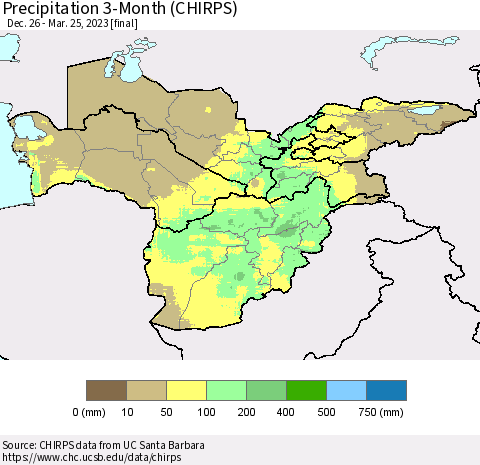 Central Asia Precipitation 3-Month (CHIRPS) Thematic Map For 12/26/2022 - 3/25/2023