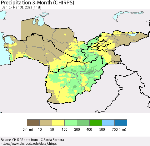 Central Asia Precipitation 3-Month (CHIRPS) Thematic Map For 1/1/2023 - 3/31/2023