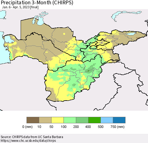Central Asia Precipitation 3-Month (CHIRPS) Thematic Map For 1/6/2023 - 4/5/2023