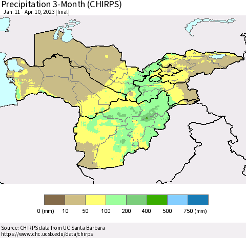 Central Asia Precipitation 3-Month (CHIRPS) Thematic Map For 1/11/2023 - 4/10/2023