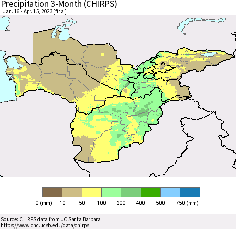 Central Asia Precipitation 3-Month (CHIRPS) Thematic Map For 1/16/2023 - 4/15/2023