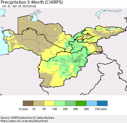 Central Asia Precipitation 3-Month (CHIRPS) Thematic Map For 1/21/2023 - 4/20/2023