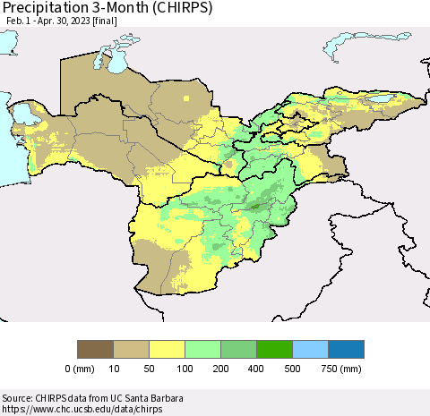 Central Asia Precipitation 3-Month (CHIRPS) Thematic Map For 2/1/2023 - 4/30/2023