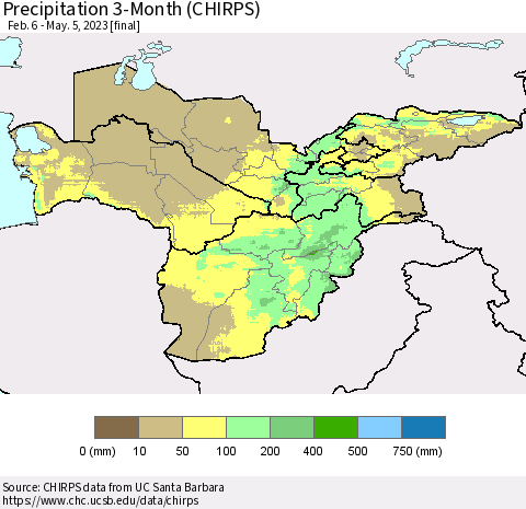 Central Asia Precipitation 3-Month (CHIRPS) Thematic Map For 2/6/2023 - 5/5/2023