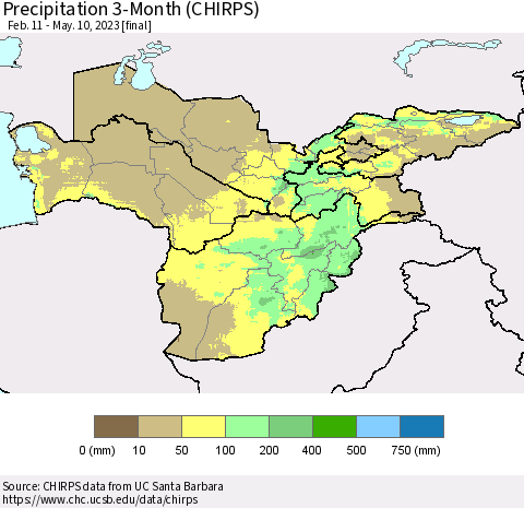 Central Asia Precipitation 3-Month (CHIRPS) Thematic Map For 2/11/2023 - 5/10/2023
