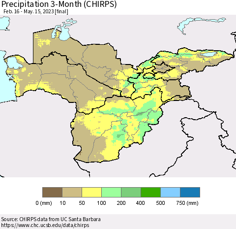 Central Asia Precipitation 3-Month (CHIRPS) Thematic Map For 2/16/2023 - 5/15/2023