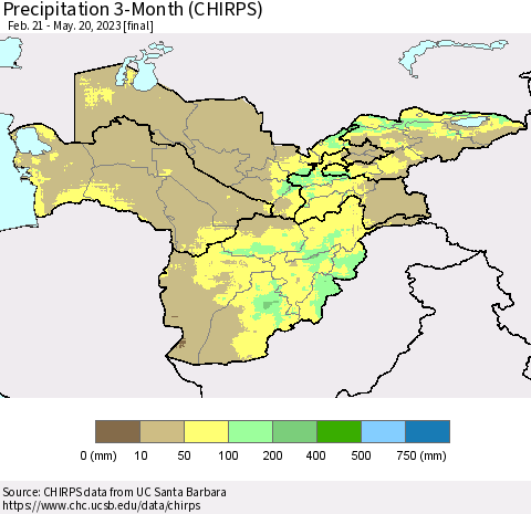 Central Asia Precipitation 3-Month (CHIRPS) Thematic Map For 2/21/2023 - 5/20/2023