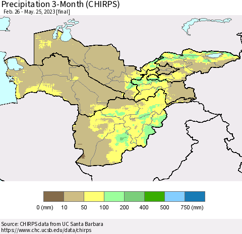 Central Asia Precipitation 3-Month (CHIRPS) Thematic Map For 2/26/2023 - 5/25/2023
